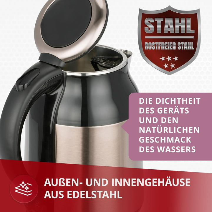 MPM MCZ-91M Elektrischer Wasserkocher, Fassungsvermögen 1,7 L, BPA-freier Edelstahl, Kabellos 360º o