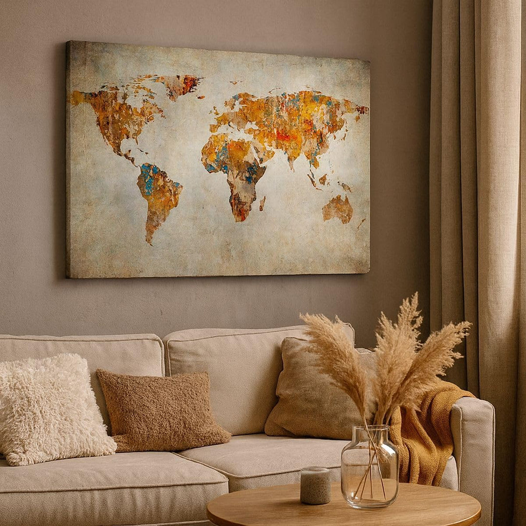 Bilder auf Leinwand 100x70cm Leinwandbild Welt Karte Kontinente Geographie Gross Wanddeko Bild Schla