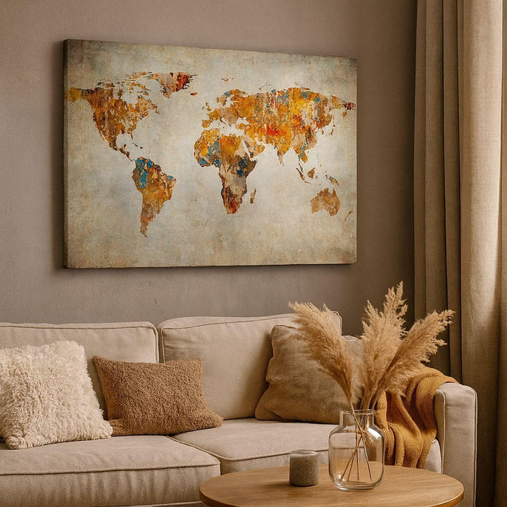 Bilder auf Leinwand 100x70cm Leinwandbild Welt Karte Kontinente Geographie Gross Wanddeko Bild Schla