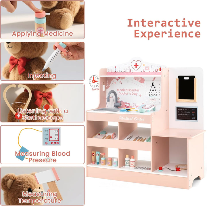 HOMASIS Arzt-Set aus Holz, Arzt-Set für Kinder mit Waschbecken, Sichtprüfung, Elektrokardiogramm, Uh