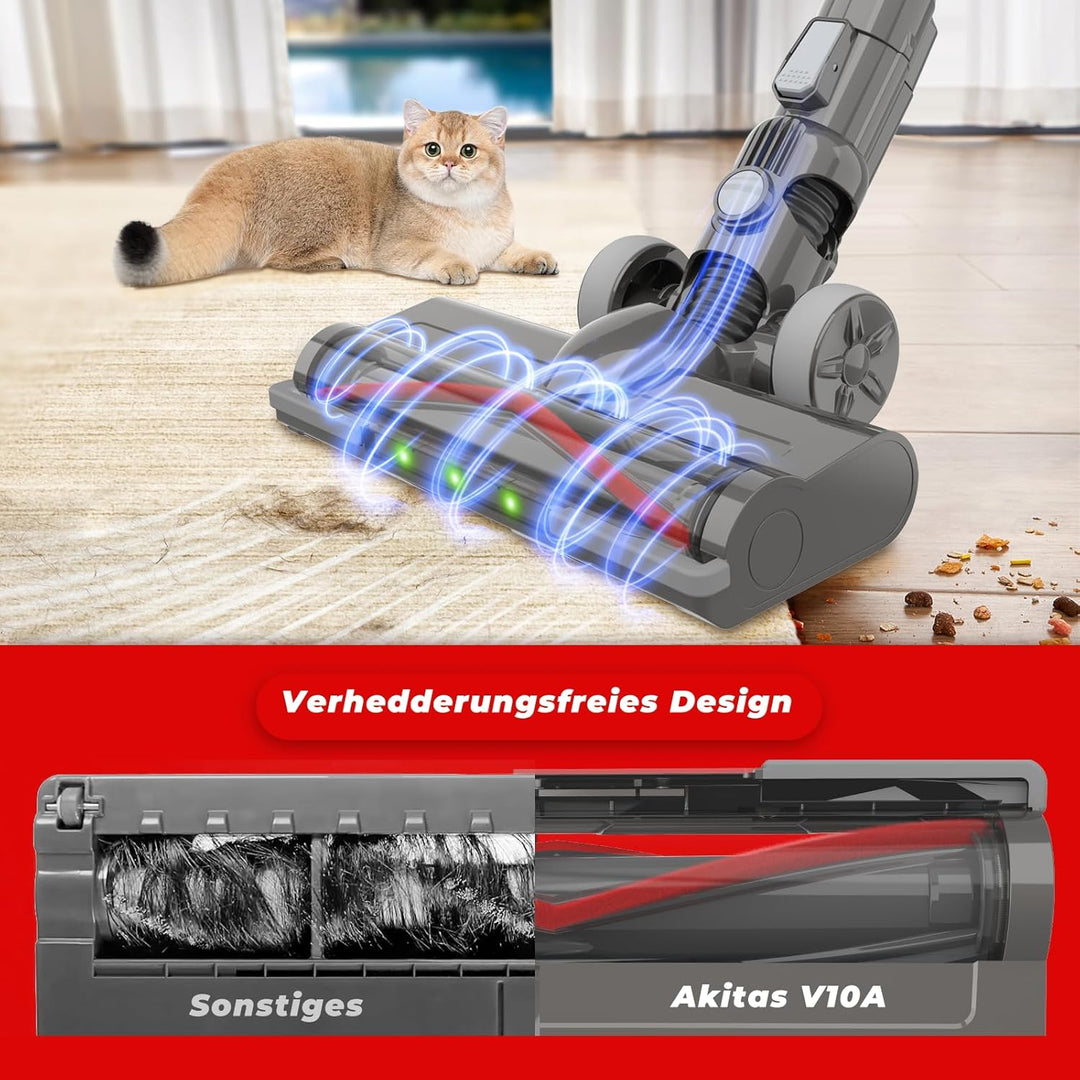 Akitas V10A Akku Staubsauger Kabellose mit 450W BLDC-Motor, 45kPa Saugleistung, 60 Min Laufzeit, LED