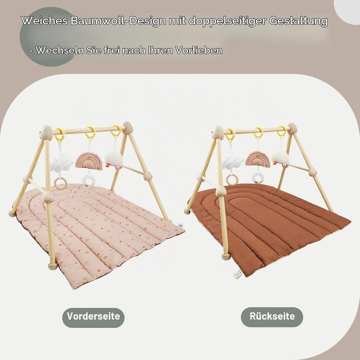 4 IN 1 Spielbogen Baby, Spielmatte Babies mit Natur Holz Activity Spielbogen, 3 abnehmbaren Spielzeu