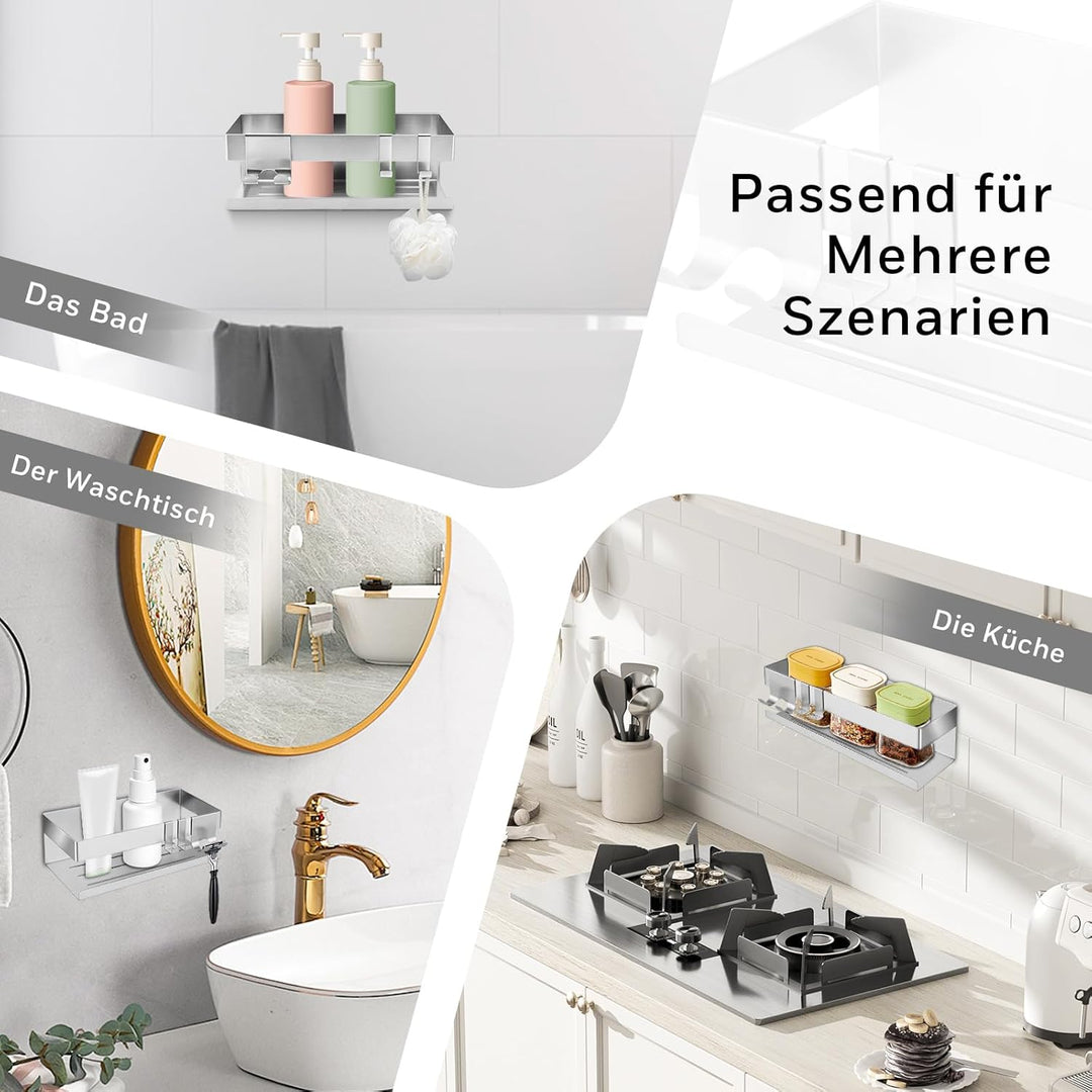 Duschregal Ohne Bohren – Badablage (23 x 10 x 8 cm) mit zwei Haken und Rasiererhalter, zwei Montagem