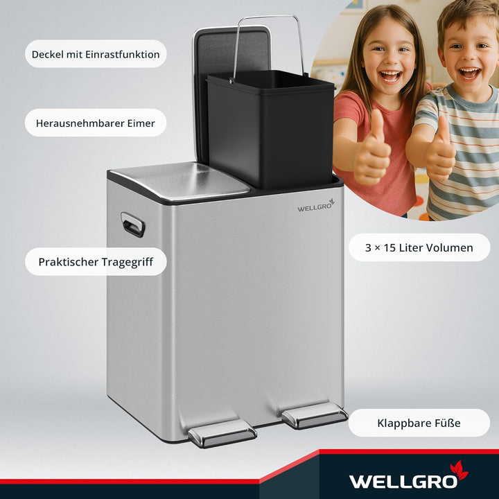 WELLGRO Mülleimer Küche 30 Liter – Edelstahl Treteimer 2x15 Liter silber mit Softclose-Deckel, Müllt