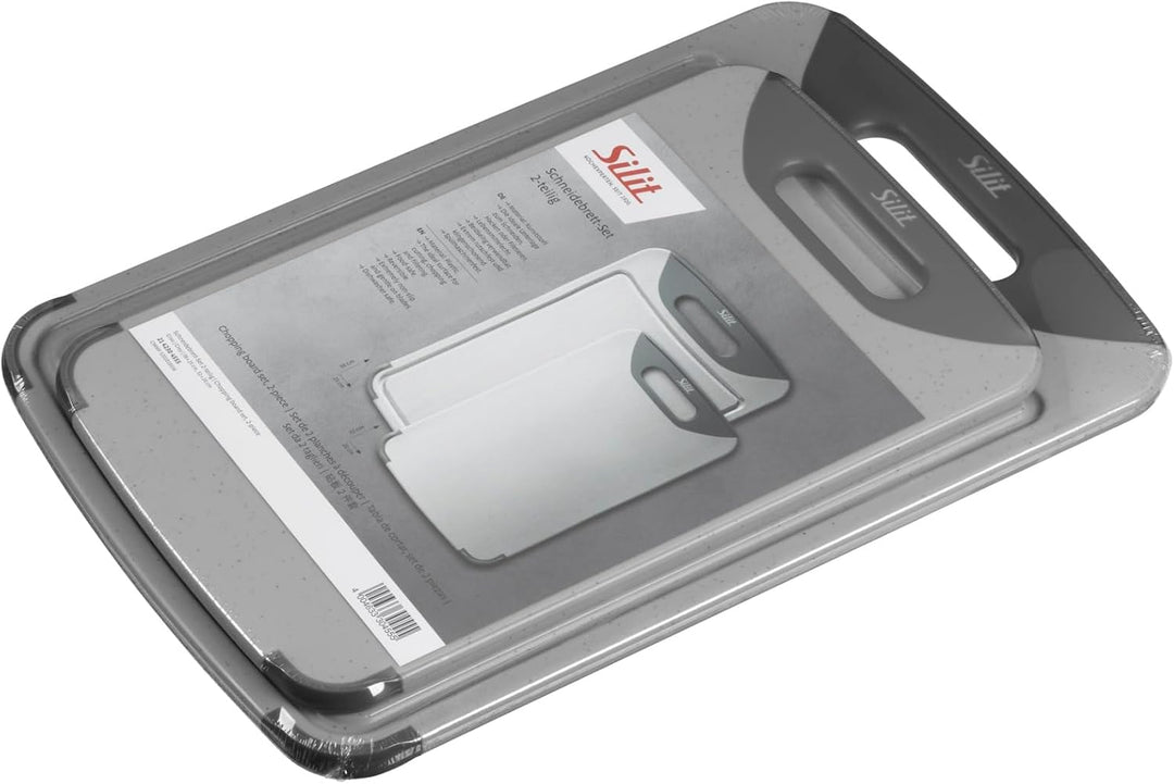 Silit Schneidebrett Kunststoff Set 2-teilig, Küchenbrett mit Saftrille, Aufhänge-/ Tragegriff, 2 Grö