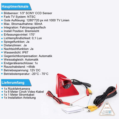 Kalakus Rückfahrsystem mit Rückfahrkamera im 3. Bremslicht Bremsleuchte Kamera+7" TFT LCD Monitor fü