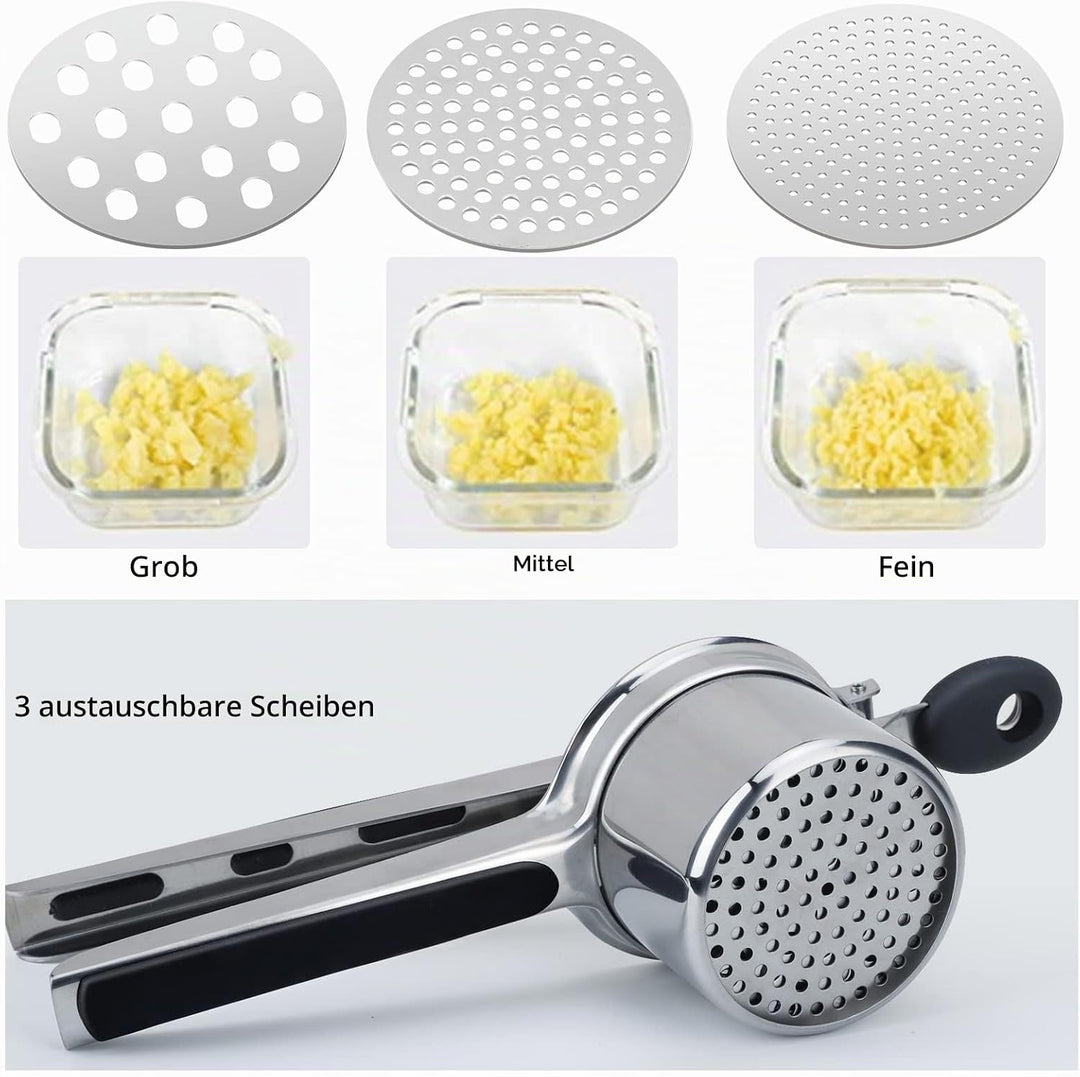Kartoffelpresse Edelstahl,Gemüse Kartoffelpüree Kartoffelstampfer mit 3 Austauschbare Spätzlesieb,Ru