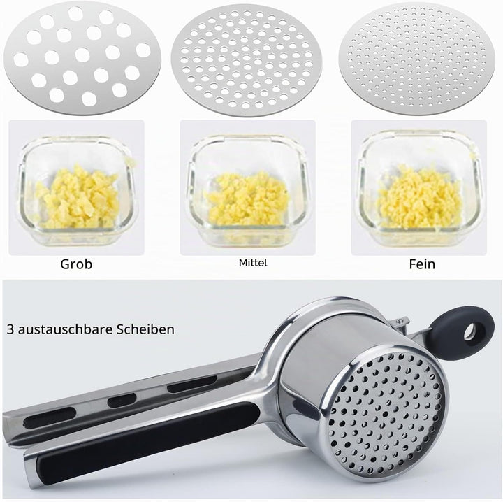 Kartoffelpresse Edelstahl,Gemüse Kartoffelpüree Kartoffelstampfer mit 3 Austauschbare Spätzlesieb,Ru