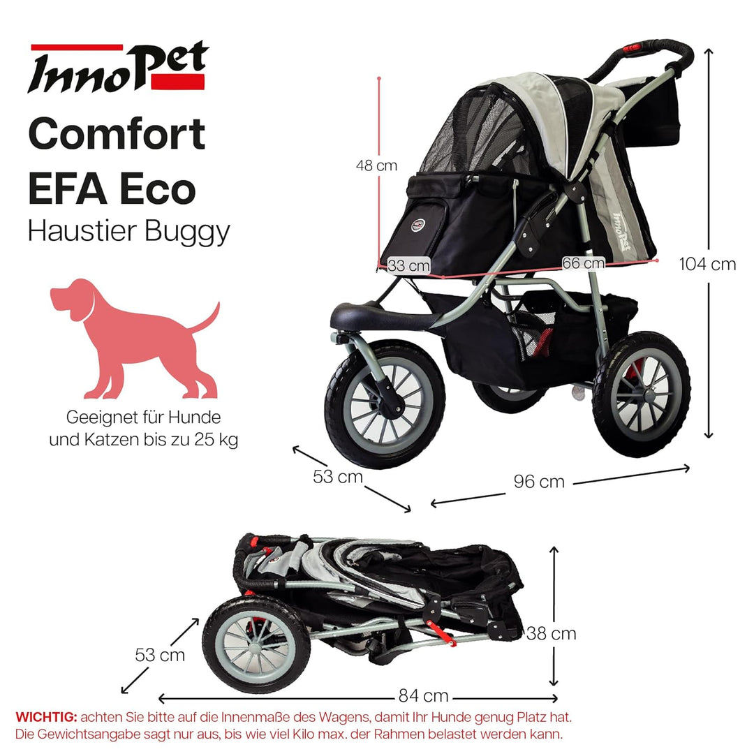 Innopet Hundebuggy Comfort Efa Eco Schwarz/Silber - Einhändig faltbarer Hunde- & Katzenwagen mit pan