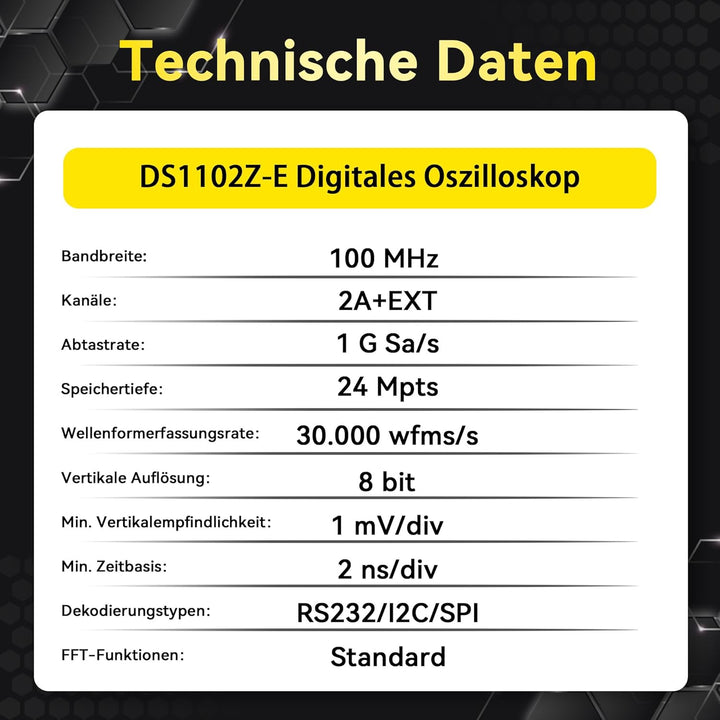 RIGOL DS1102Z-E Digitaloszilloskop, 2 Kanäle, 100MHz, 1Gsa/s, 24Mpts, 30000wfms/s, freie Trigger und