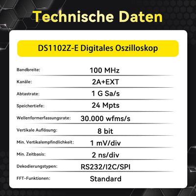 RIGOL DS1102Z-E Digitaloszilloskop, 2 Kanäle, 100MHz, 1Gsa/s, 24Mpts, 30000wfms/s, freie Trigger und