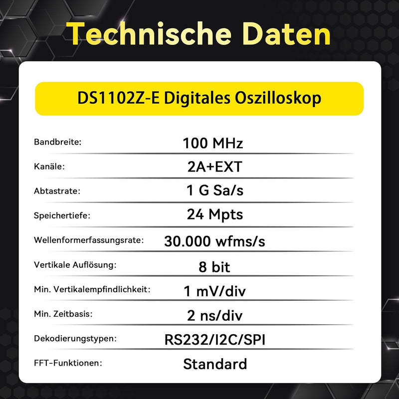 RIGOL DS1102Z-E Digitaloszilloskop, 2 Kanäle, 100MHz, 1Gsa/s, 24Mpts, 30000wfms/s, freie Trigger und