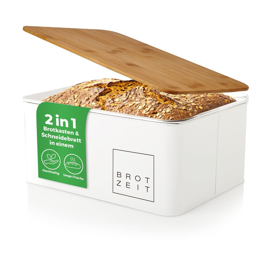 Lumaland Cuisine Brotkasten | Brotdose aus Metall mit Bambus Deckel | Brotbox rechteckig 30,5 x 23,5