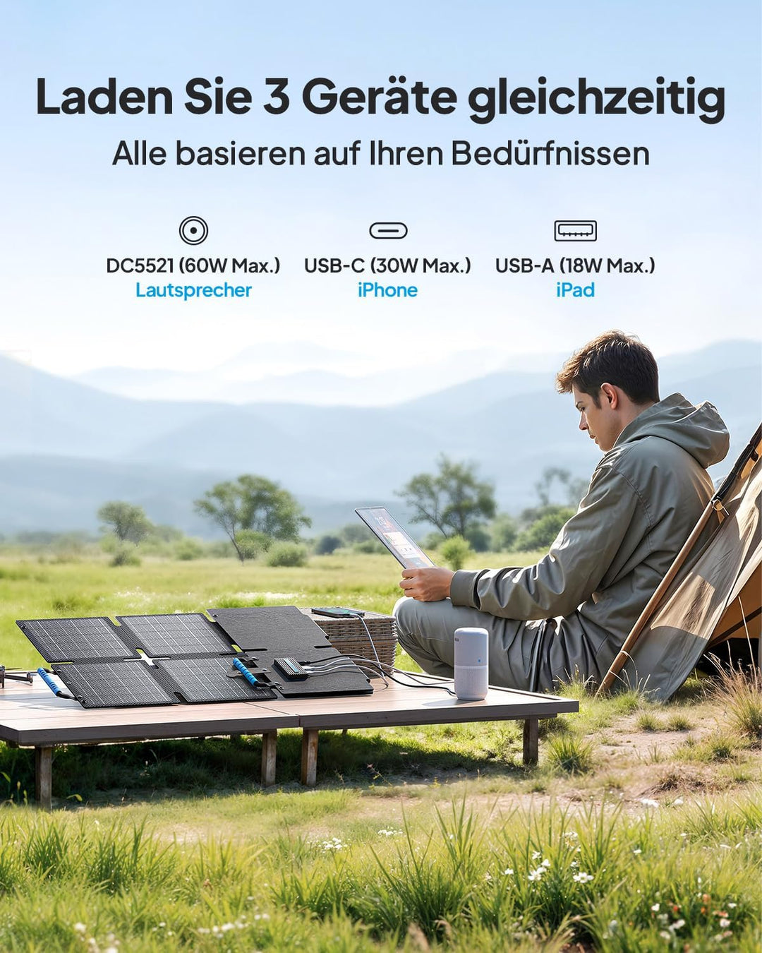 BLUETTI 60W Solarpanel für tragbare Power Station Handsfree 1 Handsfree 2 AC2A, USB-A und USB-C Port
