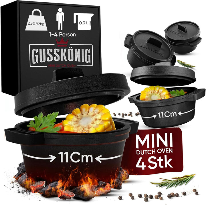 GUSSKÖNIG Dutch Oven Set Mini - 4x 300ml Gusseisen Mini Topf mit Deckel - bereits eingebrannter Mini