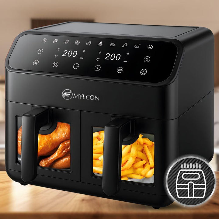 Crispyo Heissluftfritteuse Doppelkammer mit Sichtfenster, 8L (2 x 4L), 10 Programme, Touch-Bedienung