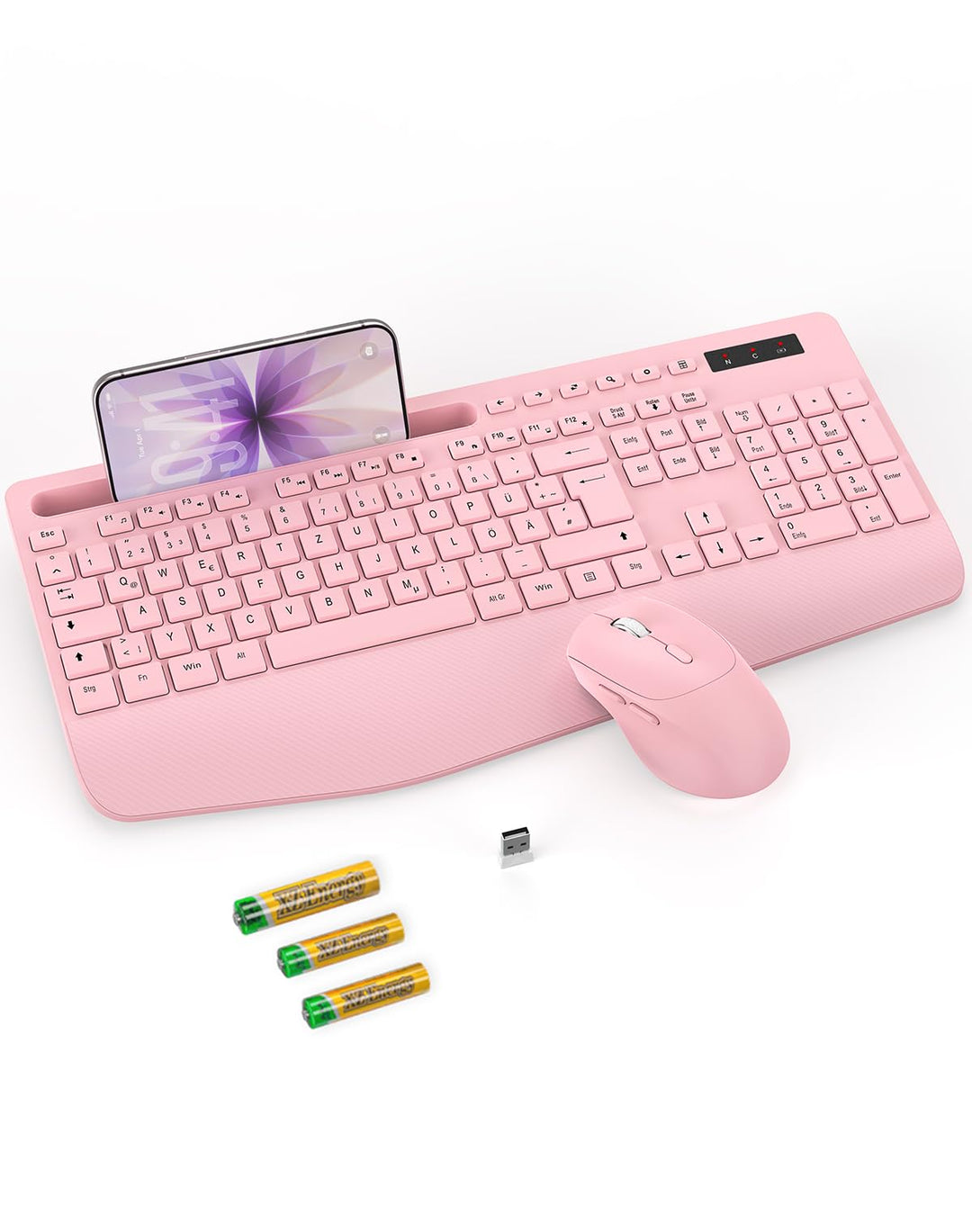 Tastatur Maus Set kabellos, 2.4G keine Latenz Ergonomische Tastatur kabellos Set, Handballenauflage,