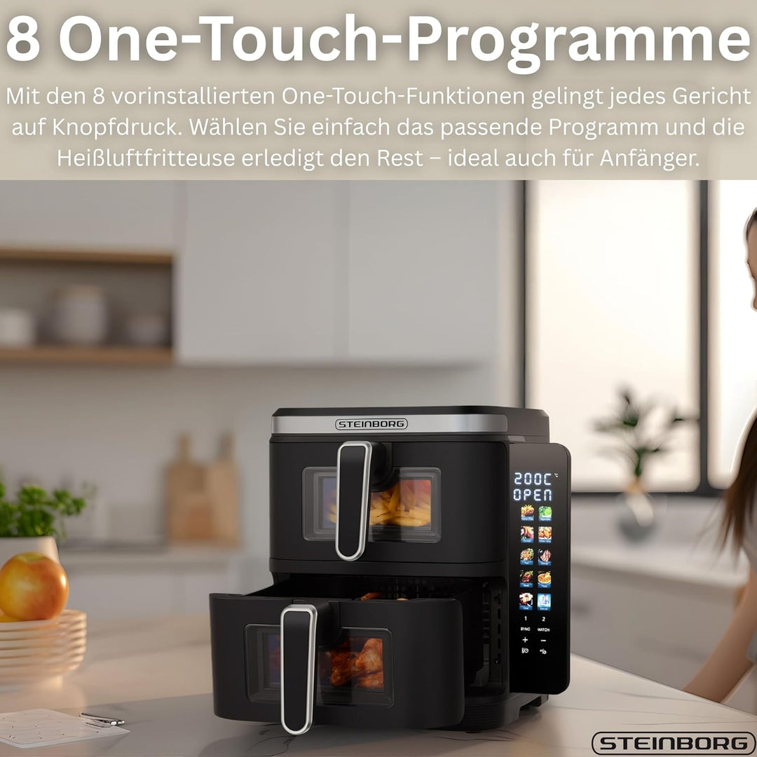 Steinborg® Heissluftfritteuse Doppelkammer 11 Liter Heissluft-Frittieren Heissluftfritteuse 2 vertik
