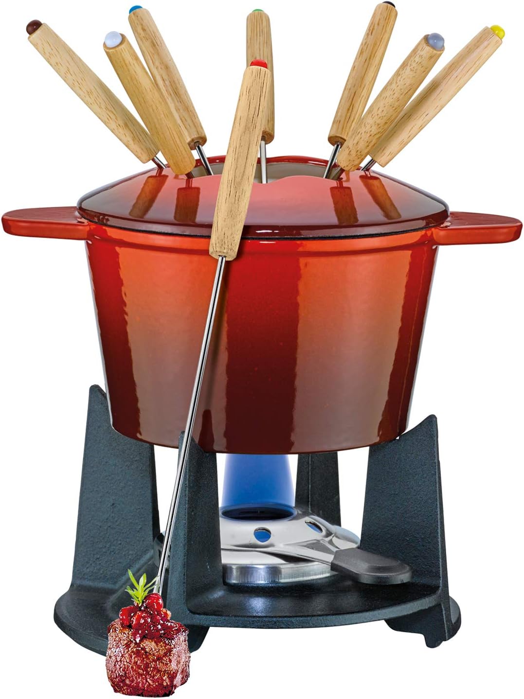 Spring Gusseisen Fondue-Set GRENOBLE rot, Ø 15,5 cm mit 8 Fonduegabeln, Rot