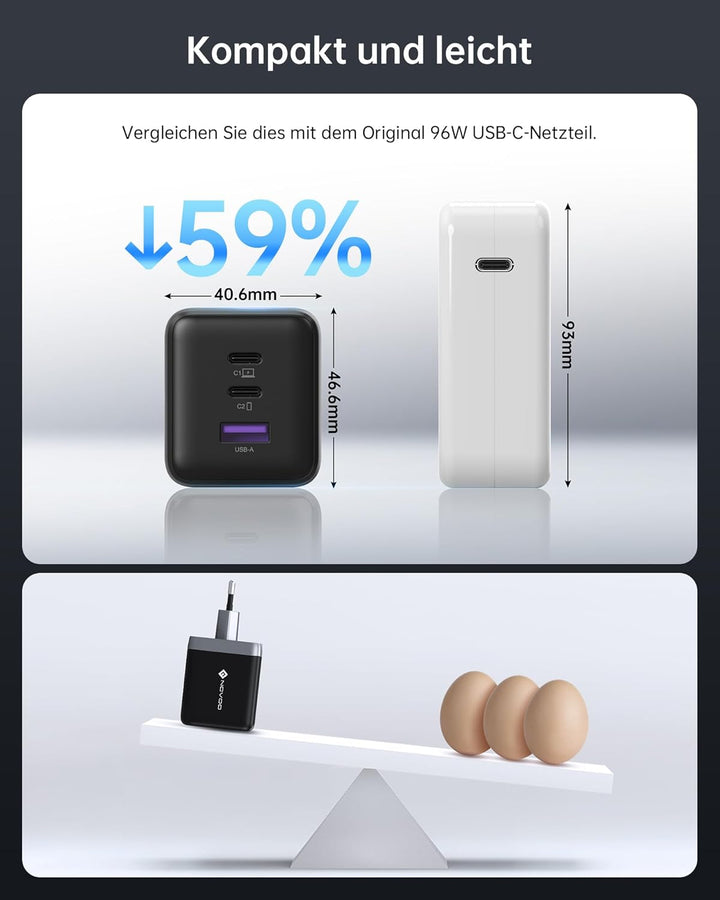 NOVOO 100W USB C Ladegerät GaN Ⅲ 3-Port USB C Netzteil Schnellladegerät PD MacBook Charger mit Ladek