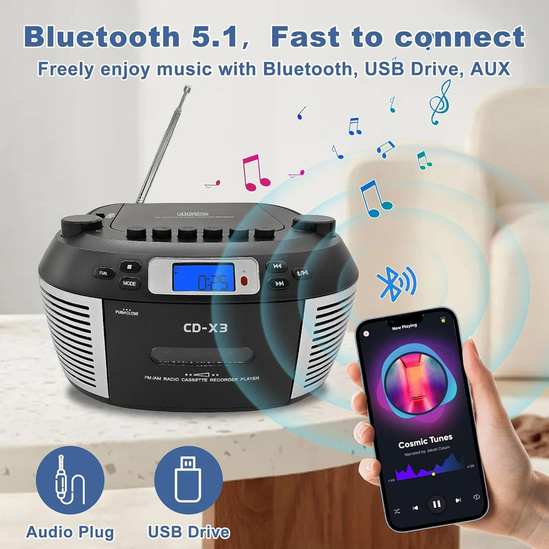 Tragbarer CD- & Kassettenplayer mit Fernbedienung – Inklusive FM/AM-Radio, USB-Wiedergabe, Bluetooth