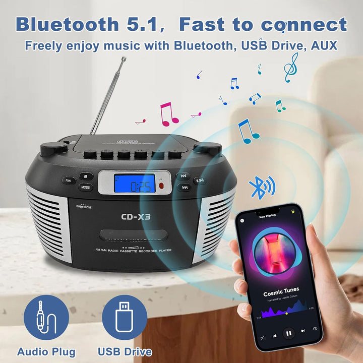 Tragbarer CD- & Kassettenplayer mit Fernbedienung – Inklusive FM/AM-Radio, USB-Wiedergabe, Bluetooth