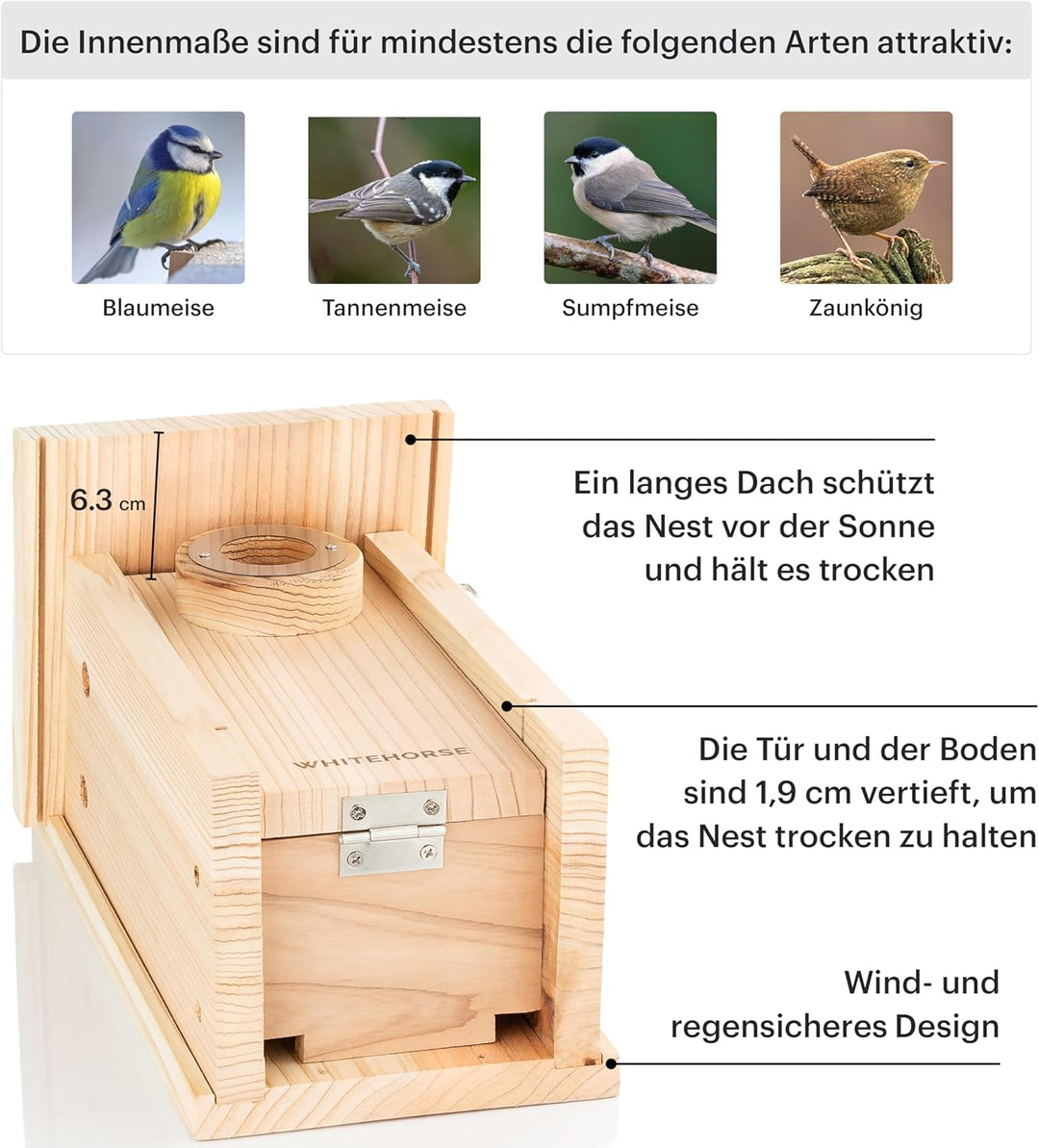 WHITEHORSE Premium-Vogelhaus und Nistkasten – wetterfestes Design – EIN Nistkasten aus Zedernholz –