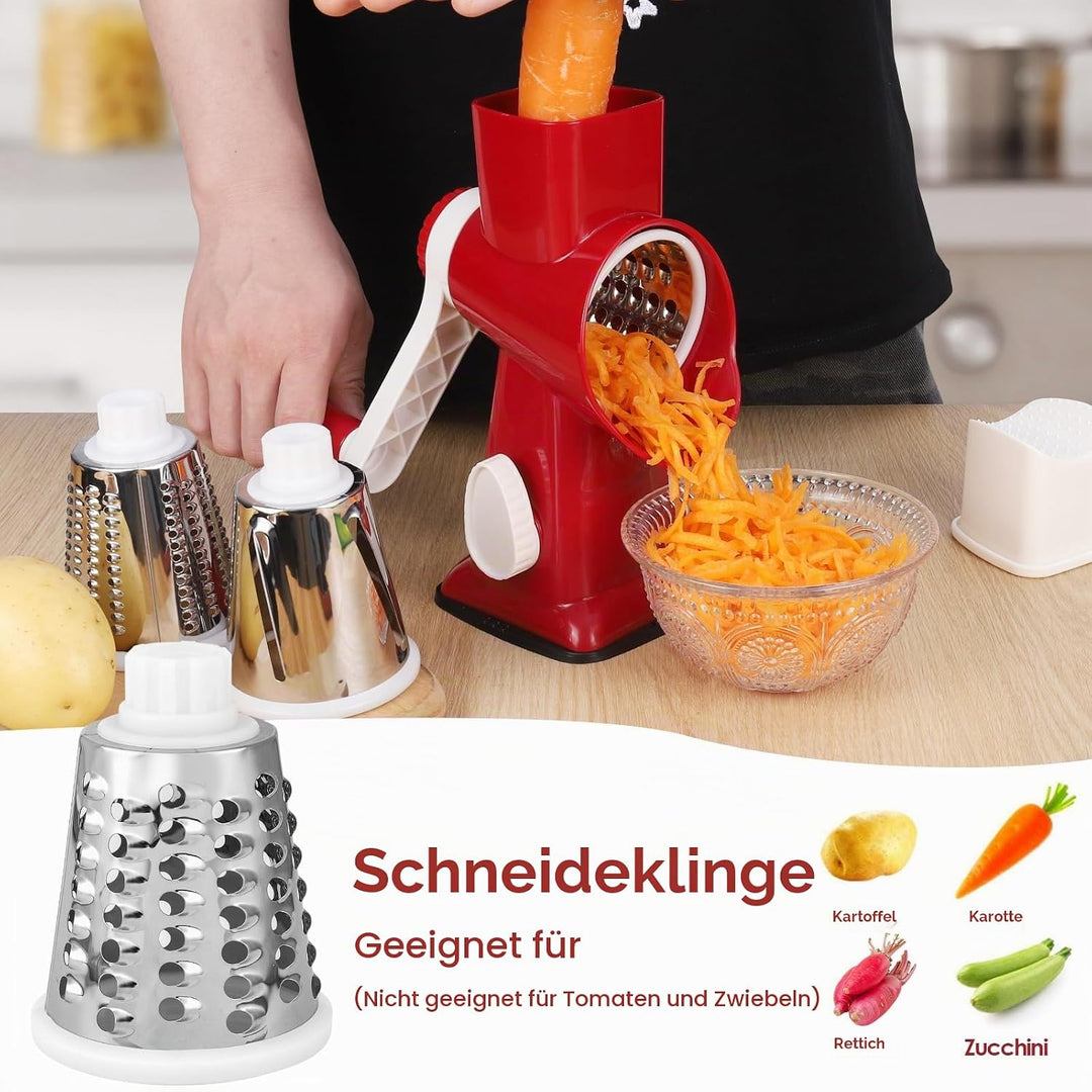 Dreamhigh Käsereibe mit Kurbel, Gemüseschneider 3 Edelstahl Austauschbaren Trommelklingen, Manuelle