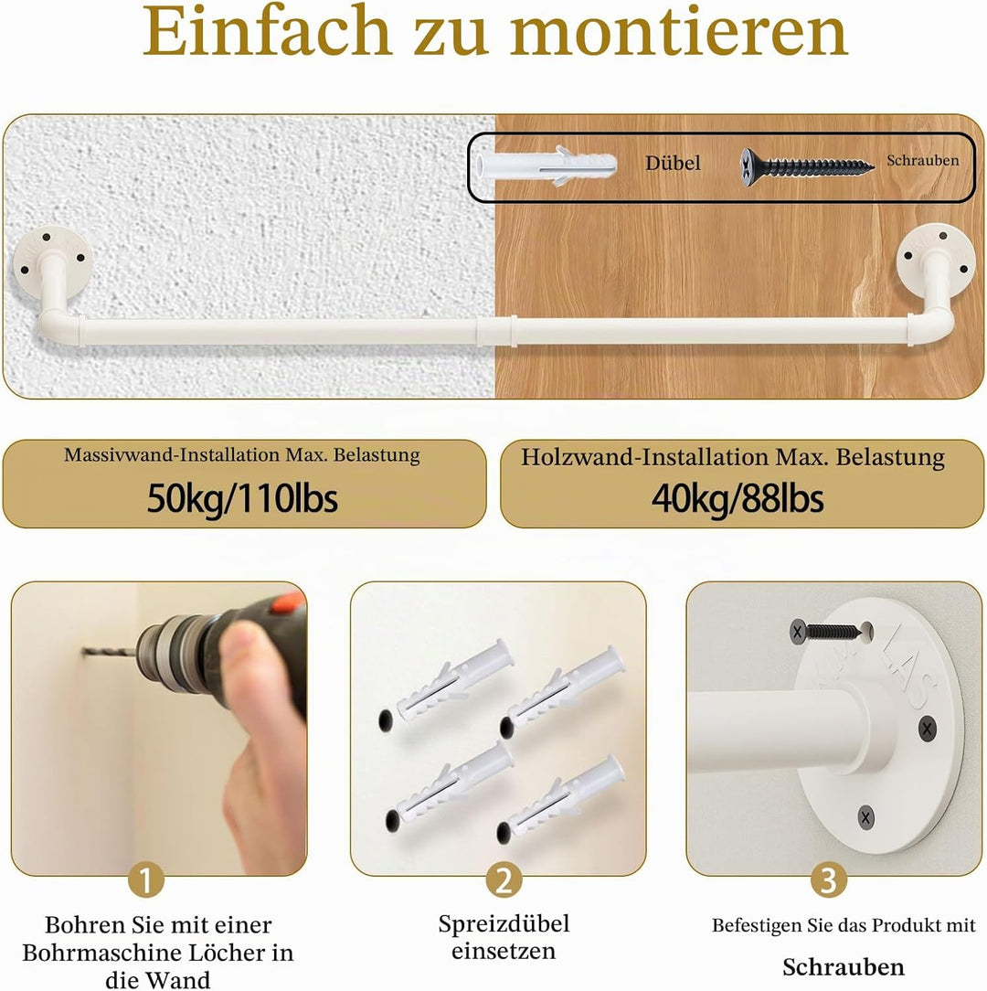 Yawinhe Kleiderstangen für die Wand, 94cm industrieller Rohr-Kleiderständer zur Wandmontage, Platzsp