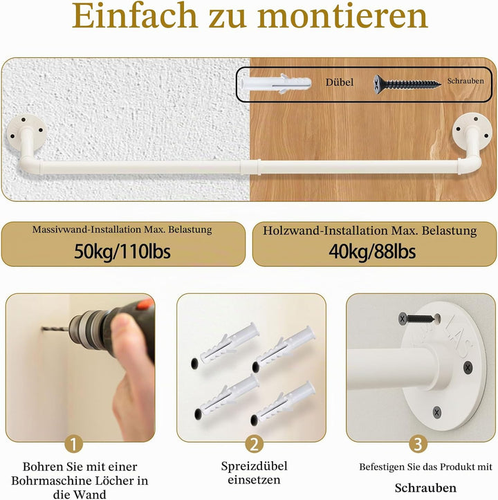 Yawinhe Kleiderstangen für die Wand, 94cm industrieller Rohr-Kleiderständer zur Wandmontage, Platzsp
