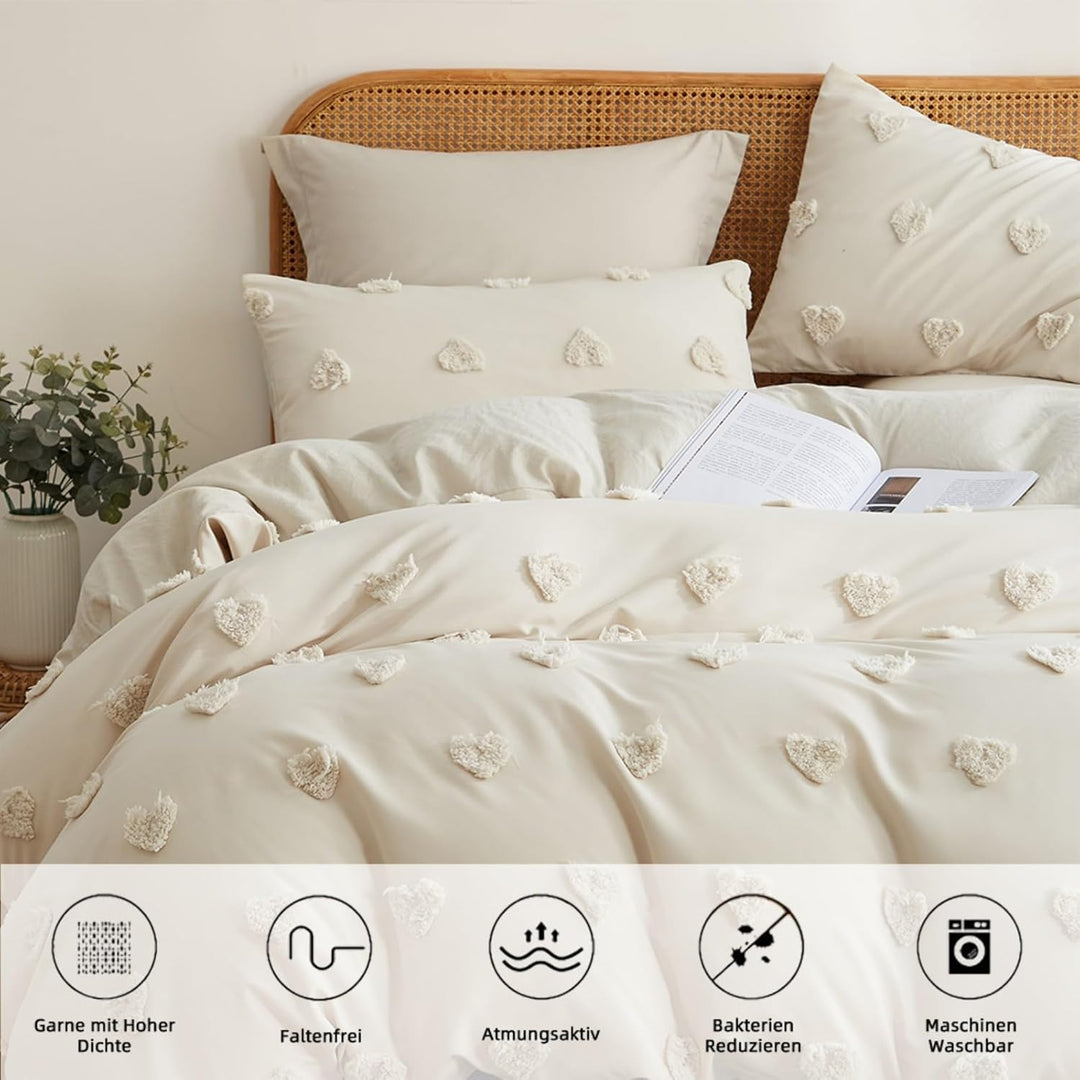 Freyamy Böhmen Bettwäsche 200x220cm 3teilig Beige Getuftet Herz Boho Bettwäsche Stickerei Shabby Chi