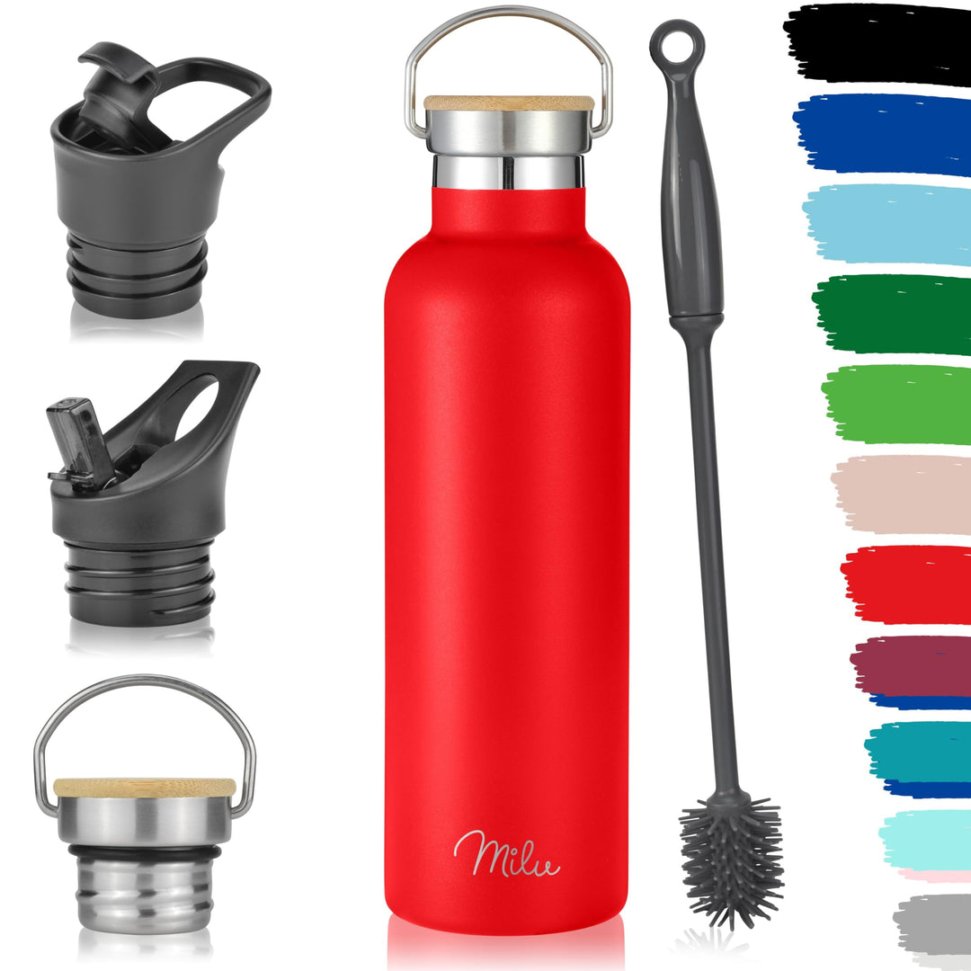 Milu Edelstahl Trinkflasche 350ml 500ml 750ml 1000ml (+3 Deckel) - Thermosflasche mit Strohhalm, Iso