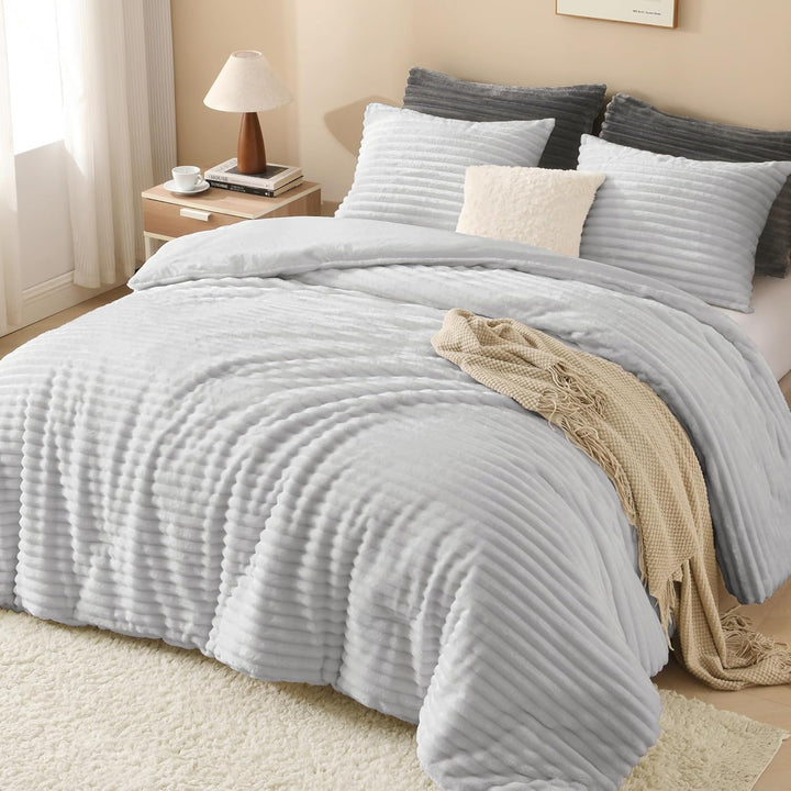 Andency Fleece Queen Tröster-Set, 3-teilig, hellgrau, für Queen-Size-Bett, weich, warm, flauschig, f