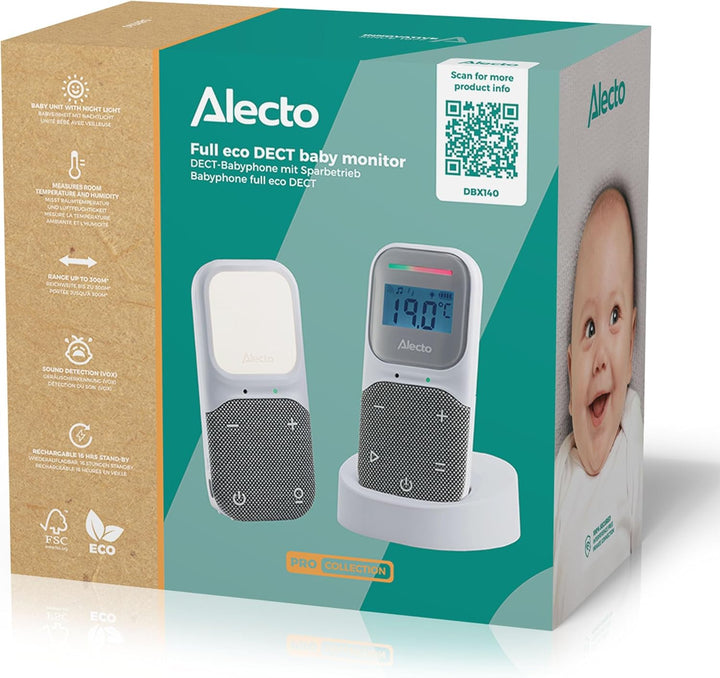 Alecto DBX140 - Modernes Full Eco Audio Babyphone mit klarer DECT-Klangqualität, Display und Nachtli