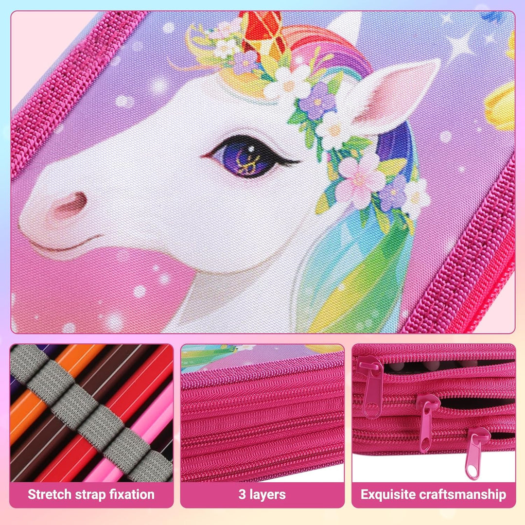 44 Teilen Federmäppchen Einheorne Set Einhorn Federmäppchen 3 Fächer Grosse Kapazität Mäppchen Mädch