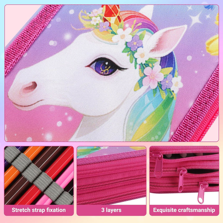 44 Teilen Federmäppchen Einheorne Set Einhorn Federmäppchen 3 Fächer Grosse Kapazität Mäppchen Mädch