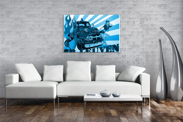 deyoli Feuerwehr Illustration Format: 80x60 Effekt: Monocrome Blau als Leinwandbild, Motiv fertig ge