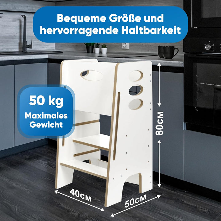 Kitchen Kids Helper Lernturm ab 1 Jahr - Höhenverstellbarer Lernturm Montessori Weiss 80cm - Sichere
