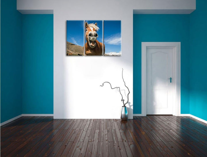 Pixxprint Lustiges Pferd in der Natur als Leinwandbild - Grösse: 3-Teilig (120x80cm) - Wandbild - Ku