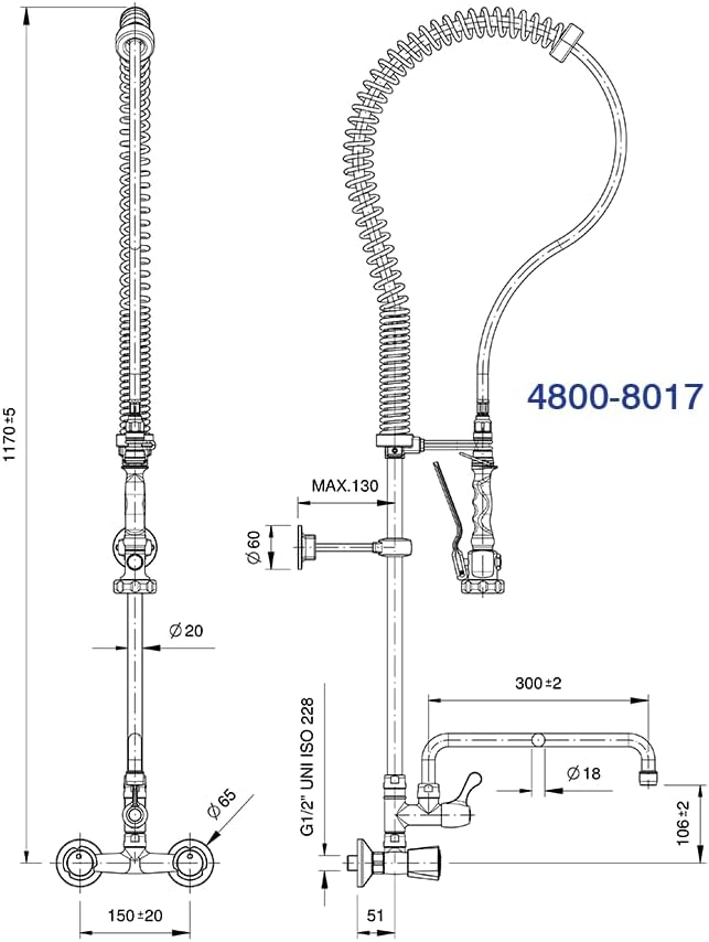 T&S Premium-Spülbrause 8017 – Zweiloch-Mischbatterie mit Auslaufhahn und Wandanschluss