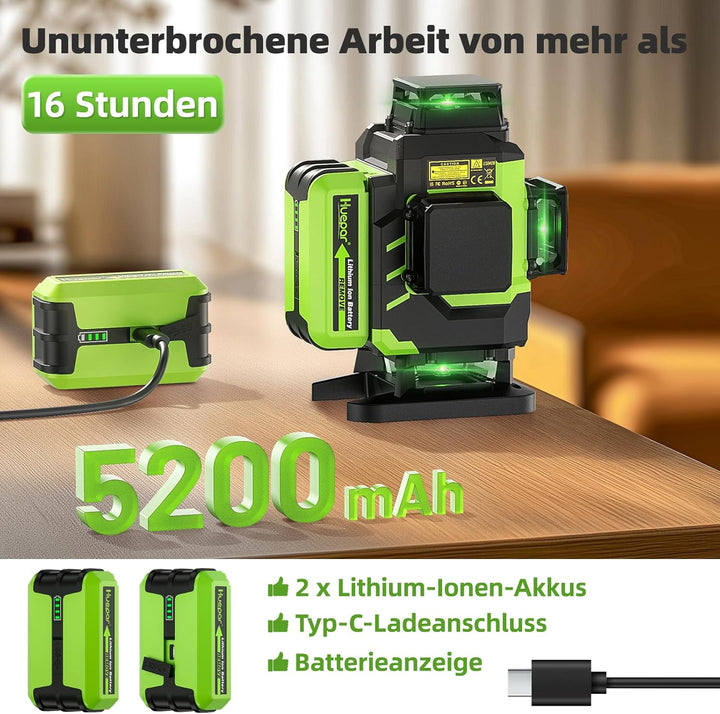 Huepar 4x360 Kreuzlinienlaser Selbstnivellierend 16 Linien Grüner Strahl 4D Linienlaser Fliesenboden
