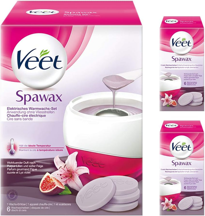 Veet Spawax elektrisches Warmwachs Set - 1x Warmwachs-Gerät, 2x6 Wachsscheiben (2er