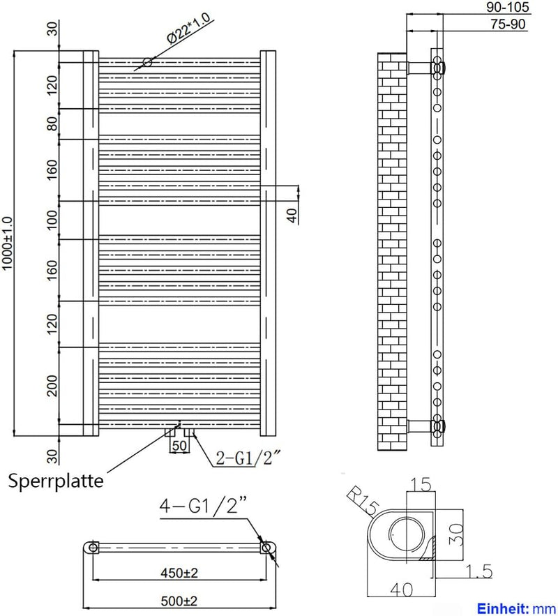 EMKE Badheizkörper Handtuchtrockner, Handtuchwärmer 500x1000mm 427 Watt Anthrazit Handtuchheizkörper