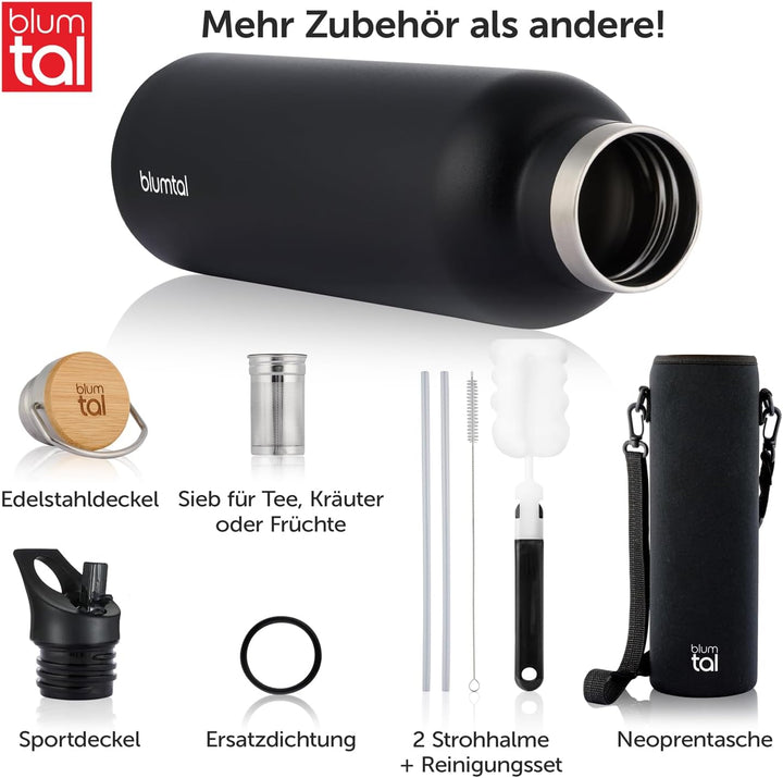 Blumtal Thermosflasche, doppeltwandig, aus Edelstahl, BPA-frei, Sportflasche, 500 ml, schwarz Schwar