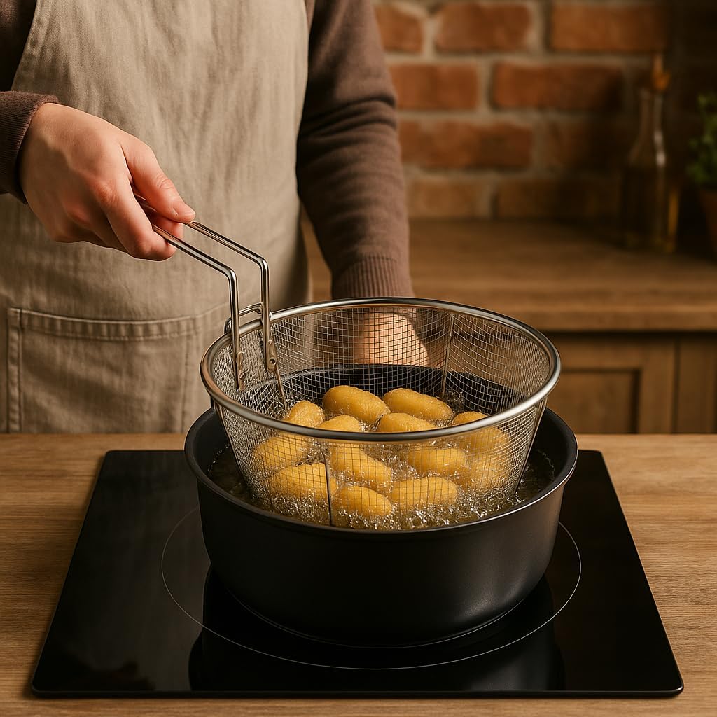 Frisierkorb mit Klappbarem Griff und Haken für die Pfanne - Runder Fritteusekorb - Edelstahl - 23 cm
