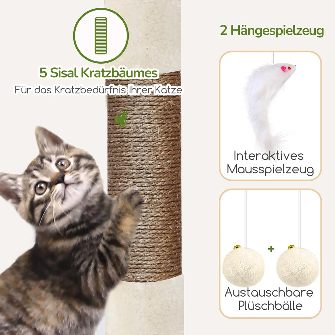 Globlazer Kratzbaum Beige mit 2 Katzenhaus, Grosse Gepolsterte Plattform, Sitzstangen, Katzenkorb, S