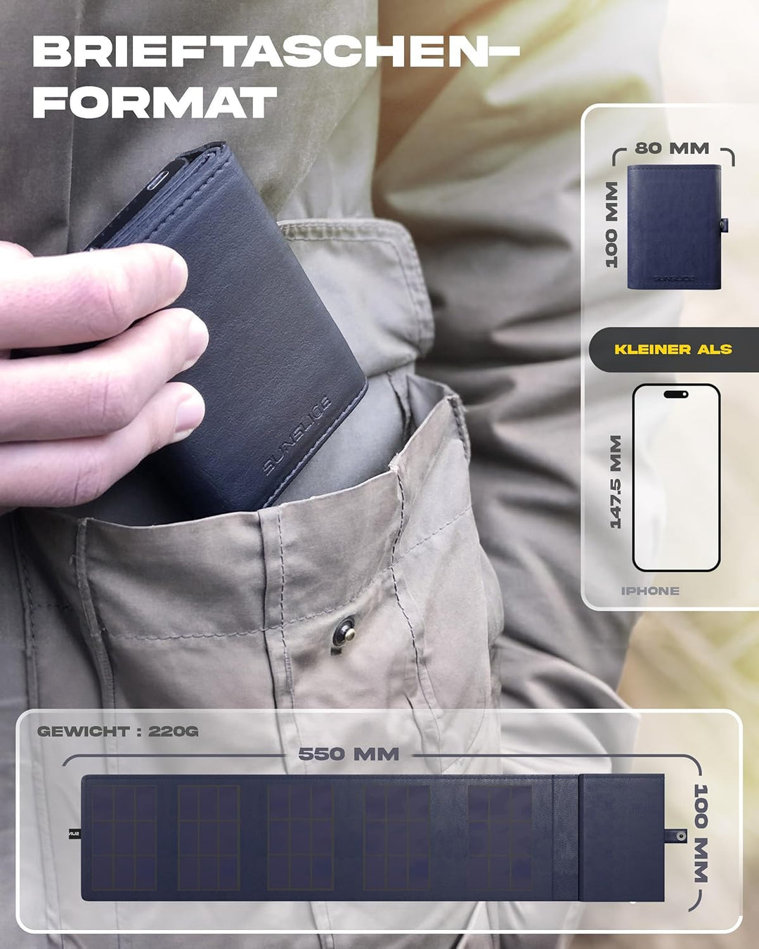 Sunslice I Photon Solar Power Bank mit SunPower Technologie, Handy Ladegerät im Taschenformat, ideal