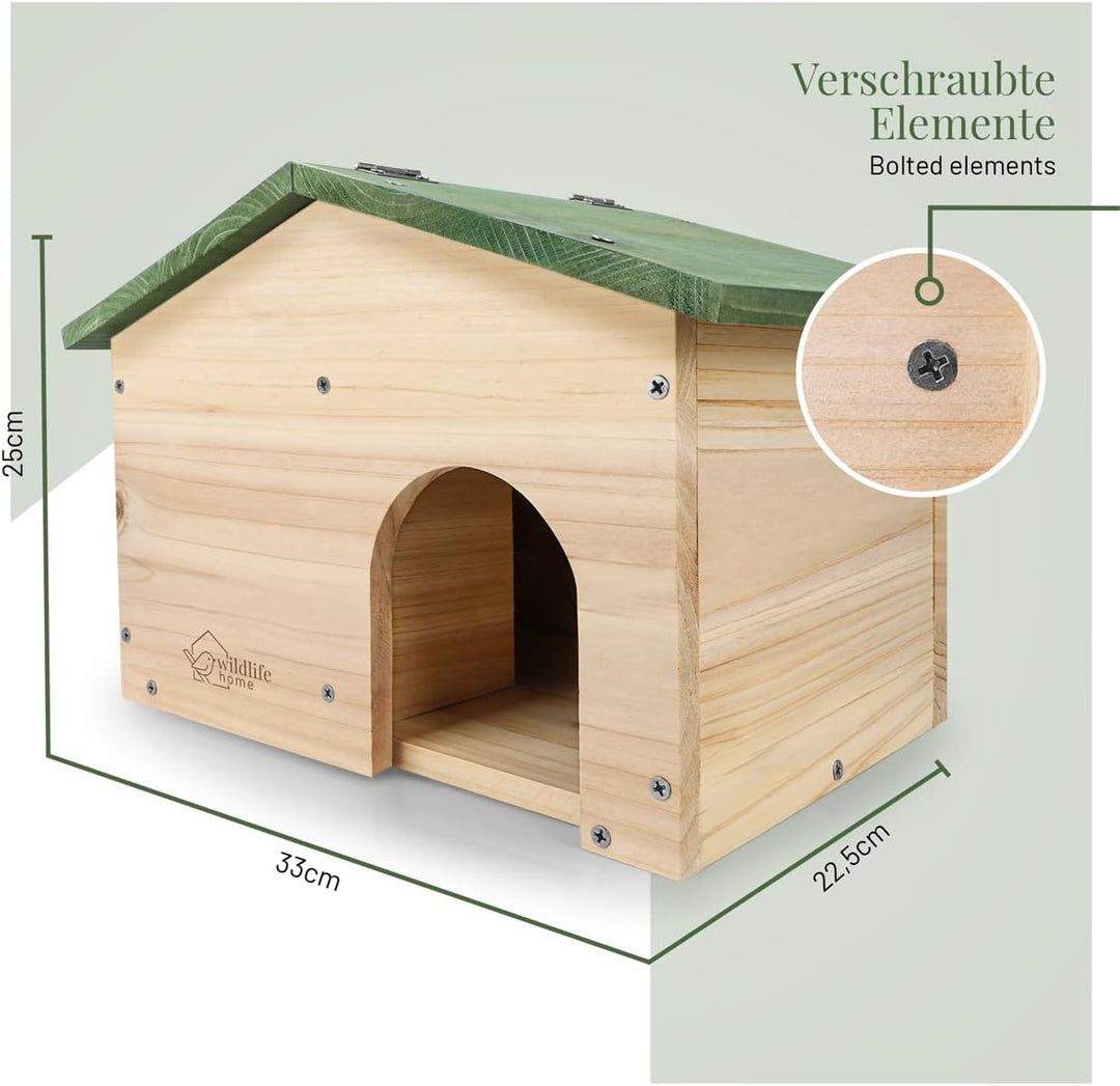 wildlife home Igelhaus Winterfest aus Holz mit Boden & wetterfestem Satteldach I Igelfutterhaus I Ka