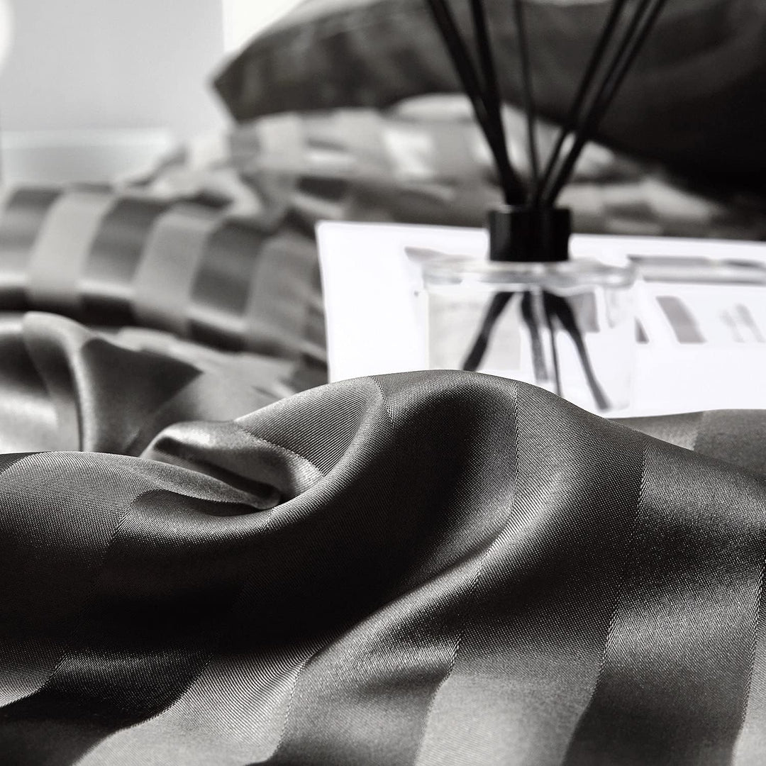 Damier Satin Bettwäsche 155x220cm Grau glänzend gestreift Bettwäsche Set hochwertiges Seidig glatt L