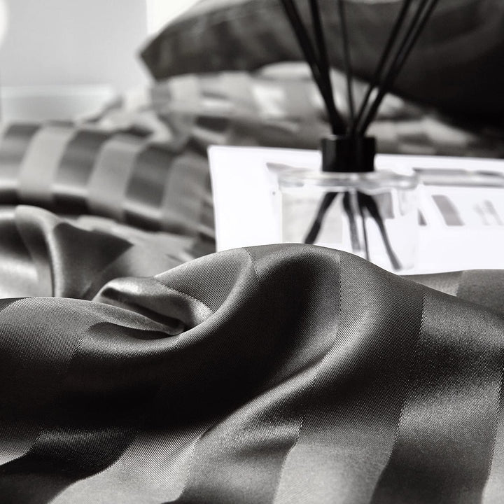 Damier Satin Bettwäsche 155x220cm Grau glänzend gestreift Bettwäsche Set hochwertiges Seidig glatt L